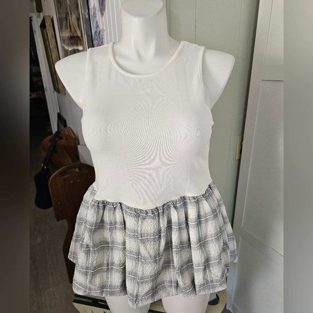 Anthropologie Maeve White Gray Plaid Bubble Peplum Tank Top Shirt XL 